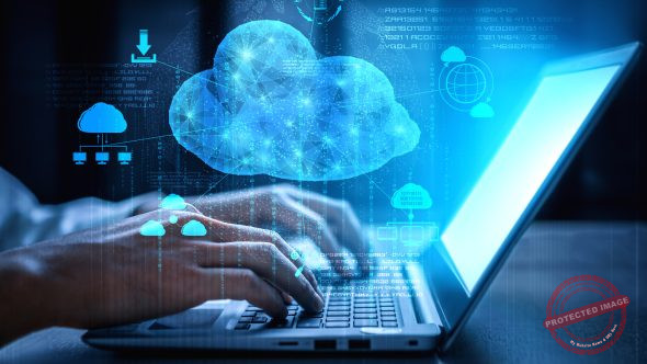 Cloud computing technology and online data storage for business network concept. Computer connects to internet server service for cloud data transfer presented in 3D futuristic graphic interface.